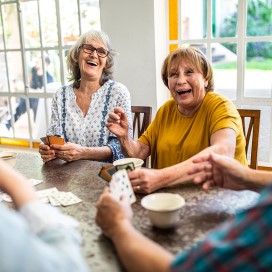 Two senior woman laughing and enjoying their meal
