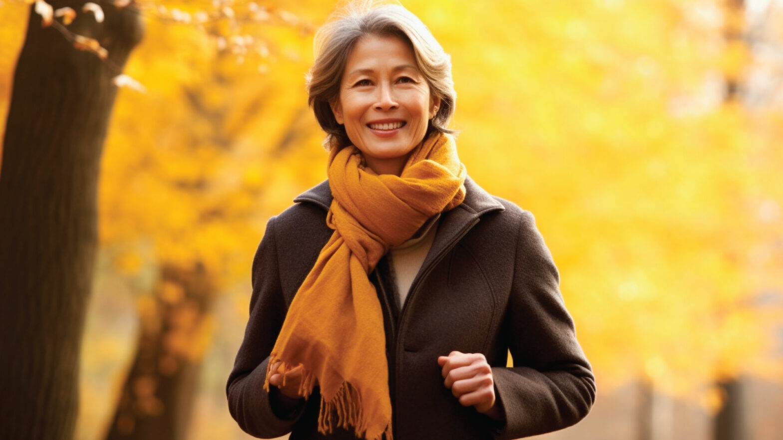 Senior woman walking with a fall tree behind her
