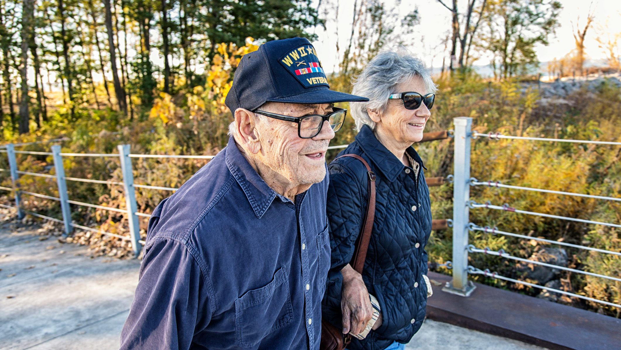 WWII USA Military War Veteran Father and Daughter Walking